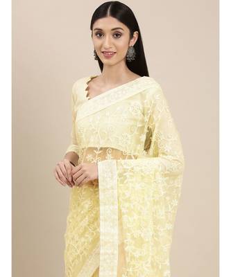 yellow soft net  saree with blouse piece 1