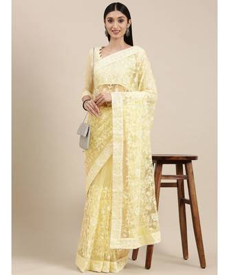 yellow soft net  saree with blouse piece 2