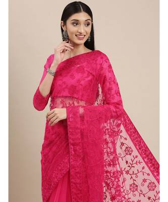 pink soft net  saree with blouse piece 1