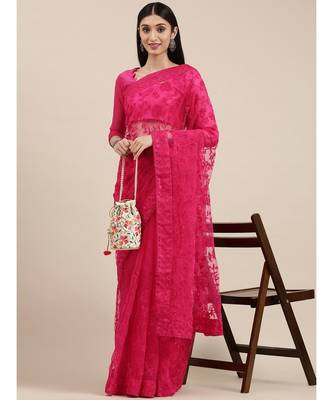 pink soft net  saree with blouse piece 2