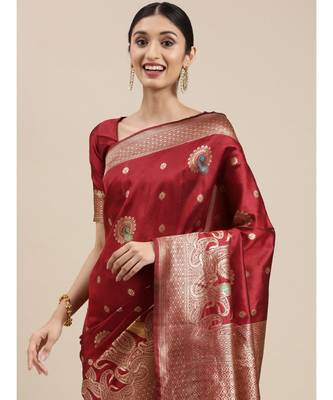 maroon banarasi saree with blouse piece 1