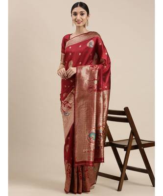 maroon banarasi saree with blouse piece 2
