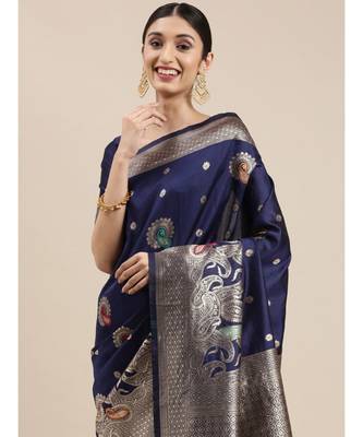 navy blue banarasi saree with blouse piece 1