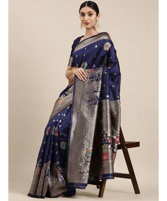 navy blue banarasi saree with blouse piece 2