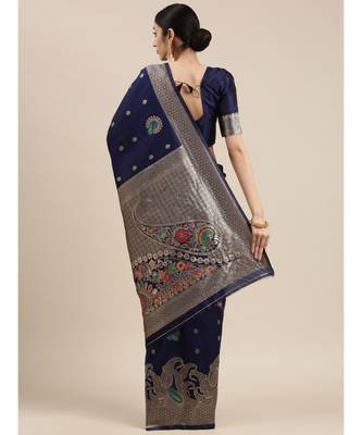 navy blue banarasi saree with blouse piece 3
