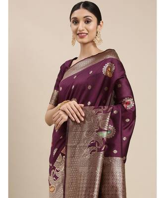 wine banarasi saree with blouse piece 2