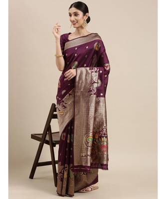 wine banarasi saree with blouse piece 1