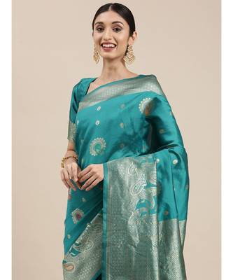 teal banarasi saree with blouse piece 1