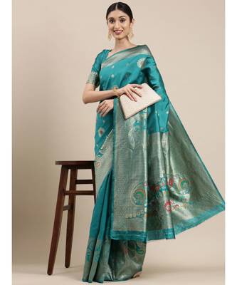 teal banarasi saree with blouse piece 2