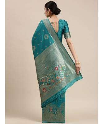 teal banarasi saree with blouse piece 3