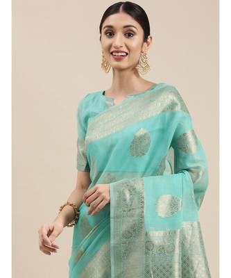 teal Chanderi Cotton saree with blouse piece 1