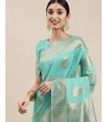 teal Chanderi Cotton saree with blouse piece