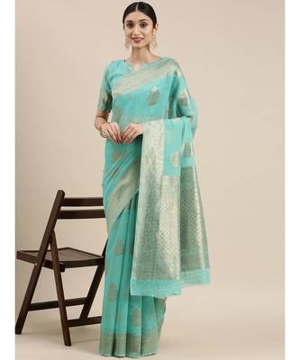 teal Chanderi Cotton saree with blouse piece 2