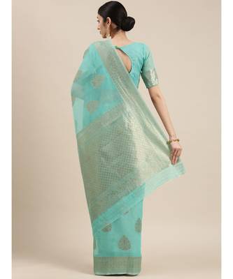 teal Chanderi Cotton saree with blouse piece 3