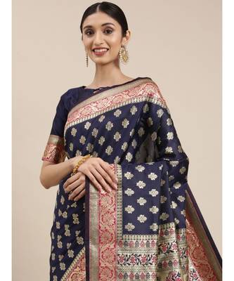 navy blue banarasi saree with blouse piece 2