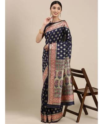 navy blue banarasi saree with blouse piece 1
