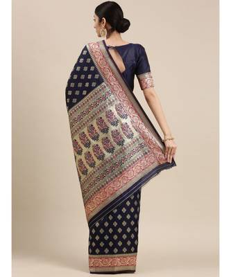 navy blue banarasi saree with blouse piece 3