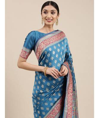 aqua blue banarasi saree with blouse piece 1