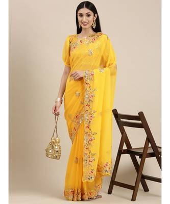yellow  Georgette saree with blouse piece 2