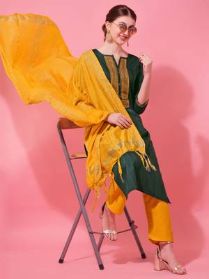Green Cotton  Embroidery stitched kurta & bottom with dupatta 1