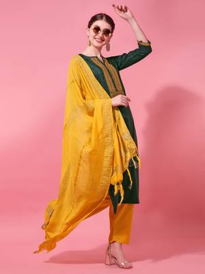 Green Cotton  Embroidery stitched kurta & bottom with dupatta 8