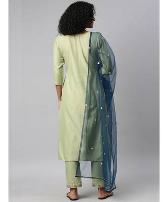 SheWill Women Green Sequence Embroidered Gota Patti Kurta with Trousers & Dupatta 3