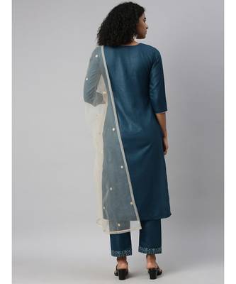SheWill Women Teal Green Sequence Embroidered Gota Patti Kurta with Trousers & Dupatta 3