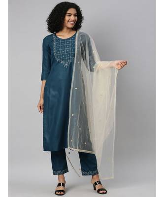 SheWill Women Teal Green Sequence Embroidered Gota Patti Kurta with Trousers & Dupatta 1