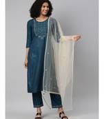 SheWill Women Teal Green Sequence Embroidered Gota Patti Kurta with Trousers & Dupatta