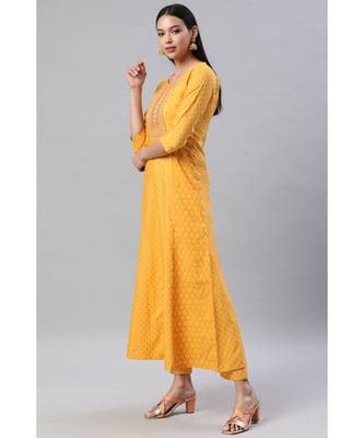 SheWill Women Yellow Embroidered & Foil Printed Anarkali Kurta with Trousers & Dupatta 2