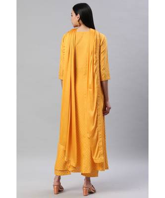 SheWill Women Yellow Embroidered & Foil Printed Anarkali Kurta with Trousers & Dupatta 3