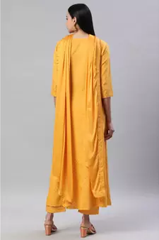 SheWill Women Yellow Embroidered & Foil Printed Anarkali Kurta with Trousers & Dupatta