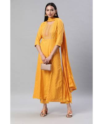 SheWill Women Yellow Embroidered & Foil Printed Anarkali Kurta with Trousers & Dupatta 1