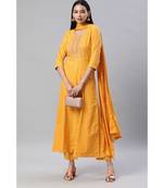 SheWill Women Yellow Embroidered & Foil Printed Anarkali Kurta with Trousers & Dupatta