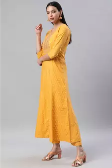 SheWill Women Yellow Embroidered & Foil Printed Anarkali Kurta with Trousers & Dupatta