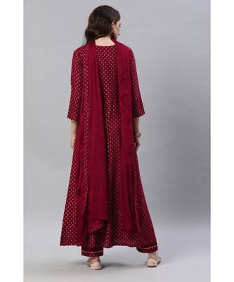 SheWill Women Maroon Embroidered & Foil Printed Anarkali Kurta with Trousers & Dupatta 3
