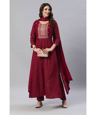 SheWill Women Maroon Embroidered & Foil Printed Anarkali Kurta with Trousers & Dupatta 1
