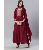 SheWill Women Maroon Embroidered & Foil Printed Anarkali Kurta with Trousers & Dupatta