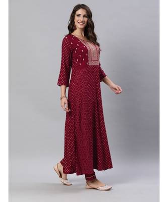 SheWill Women Maroon Embroidered & Foil Printed Anarkali Kurta with Trousers & Dupatta 4