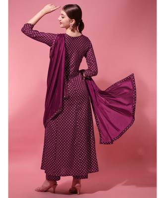 SheWill Women Burgundy Embroidered & Foil Printed Anarkali Kurta with Trousers & Dupatta 2