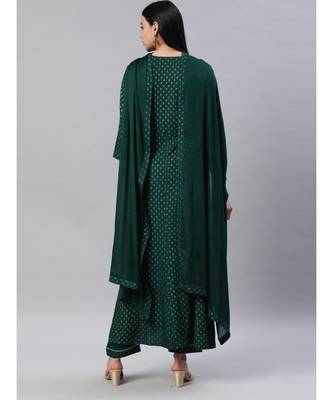 SheWill Women Green Embroidered & Foil Printed Anarkali Kurta with Trousers & Dupatta 3