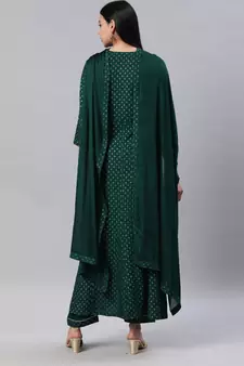 SheWill Women Green Embroidered & Foil Printed Anarkali Kurta with Trousers & Dupatta