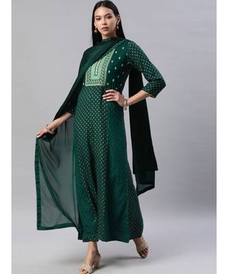 SheWill Women Green Embroidered & Foil Printed Anarkali Kurta with Trousers & Dupatta 1