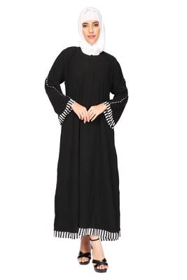Entire Creep Fabric Print Piping Abaya A Line With Hijab Of Black Color For Girls 1