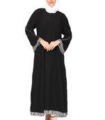 Entire Creep Fabric Print Piping Abaya A Line With Hijab Of Black Color For Girls