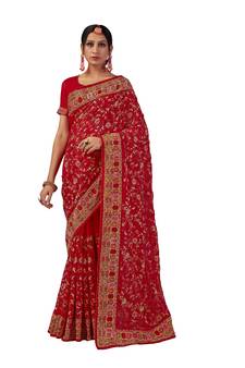 Red Embroidered Georgette Saree With Blouse