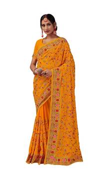 Mustard Embroidered Georgette Saree With Blouse