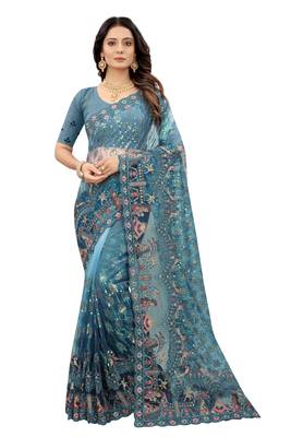 Turquoise Embroidered Net Saree With Blouse 1