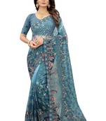 Turquoise Embroidered Net Saree With Blouse