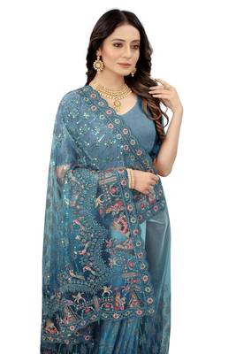 Turquoise Embroidered Net Saree With Blouse 2